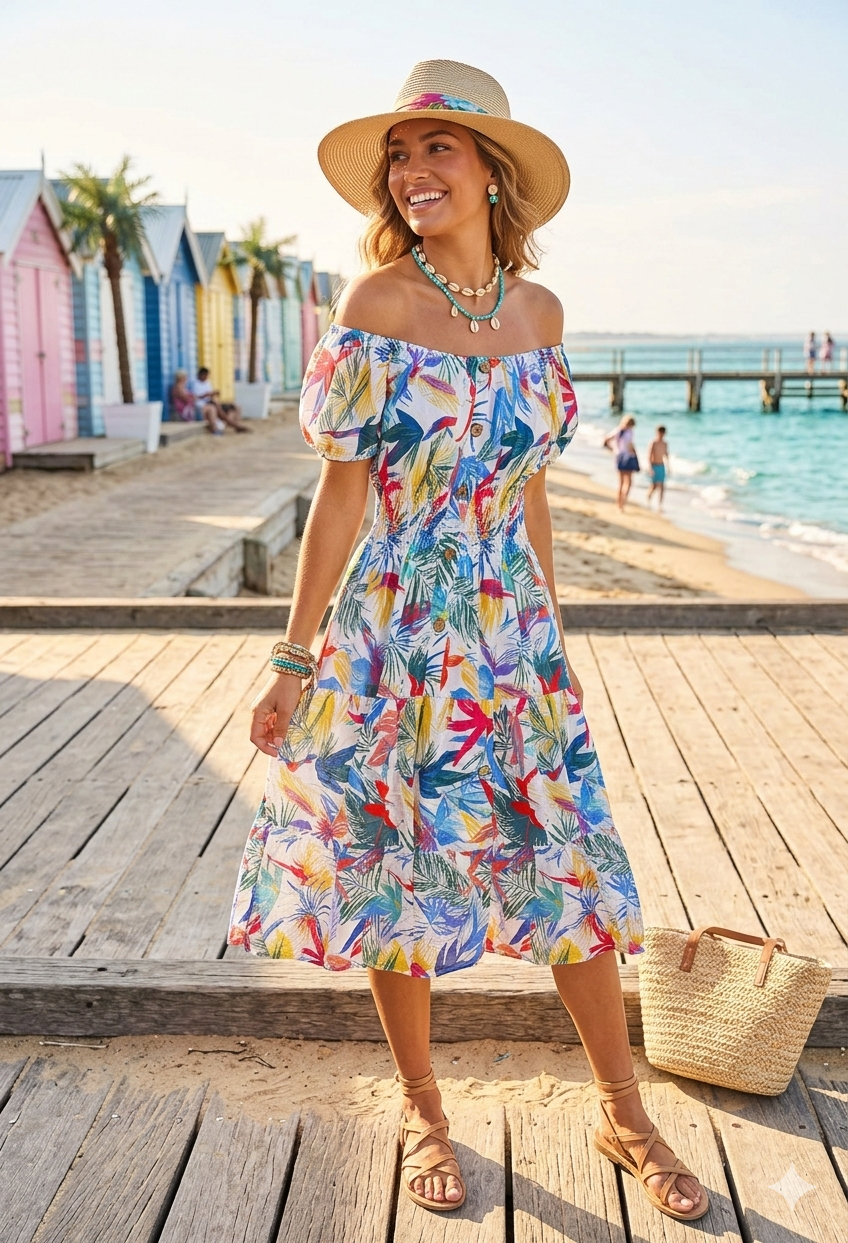 Georgina Leaf Print Button Detail Midi Dress