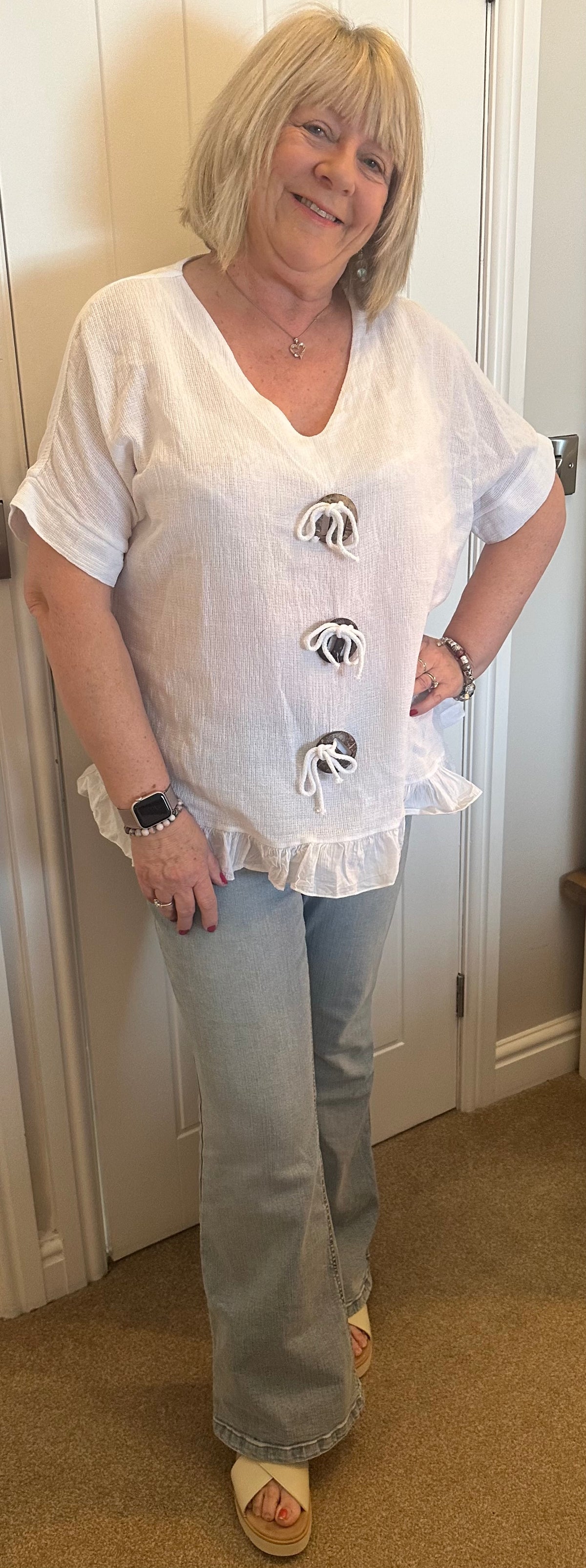 Annie V neck cotton toggle top fits 10-18