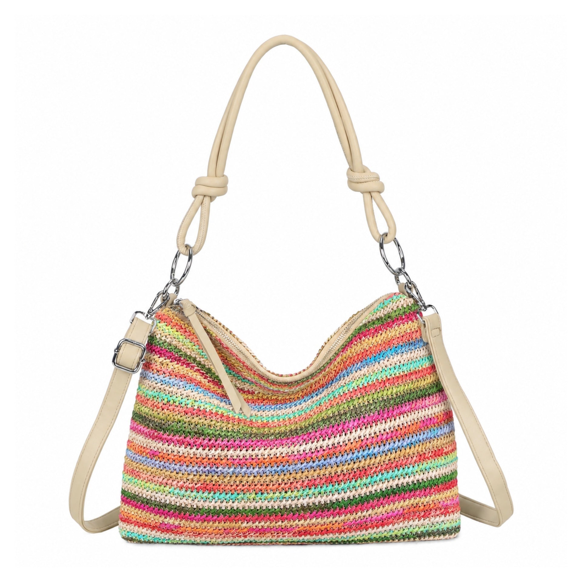 Joanna Natural Straw Stripe Shoulder Bag with Knot Handle