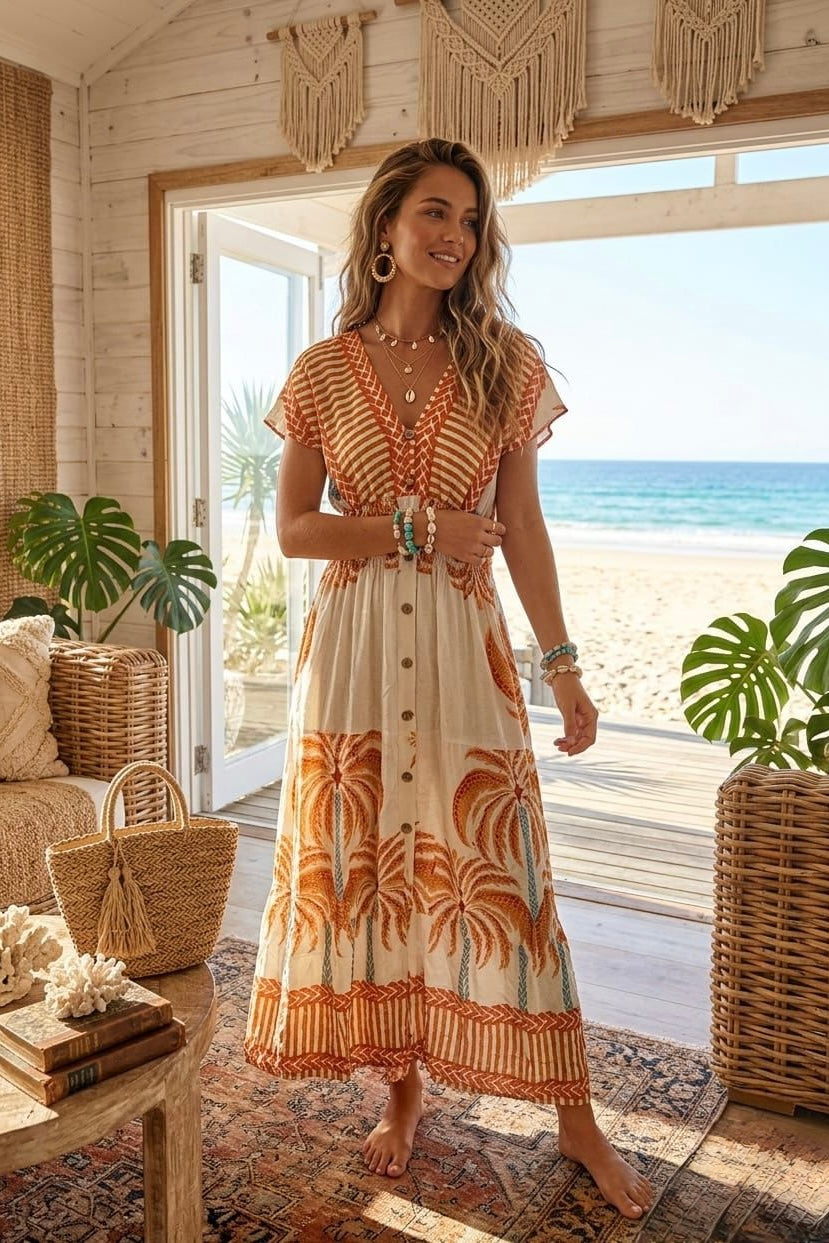 Tiana Palm Tree Print Button Detail Maxi Dress