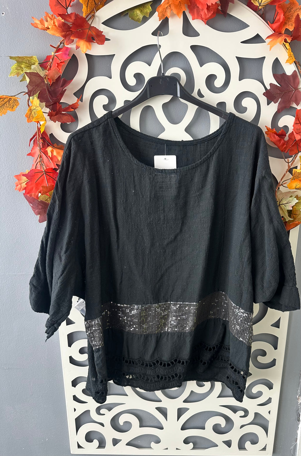 Christine sequin and broderie anglaise trim top fits 10-18