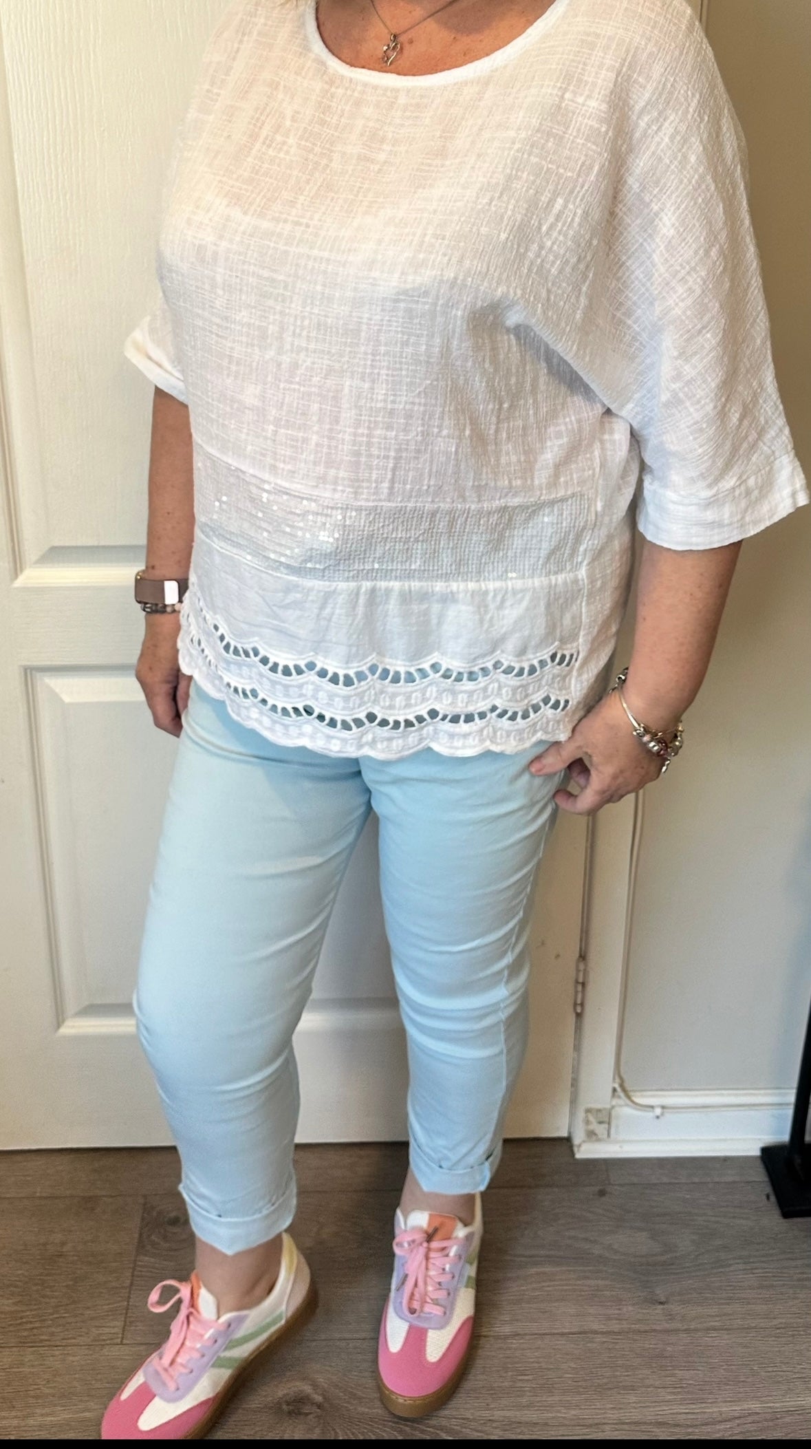 Christine sequin and broderie anglaise trim top fits 10-18