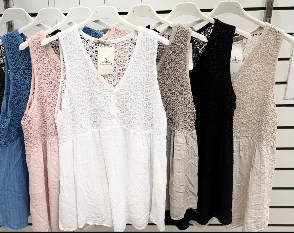 Suzie Italian Lace peplum vest top fits 10-18