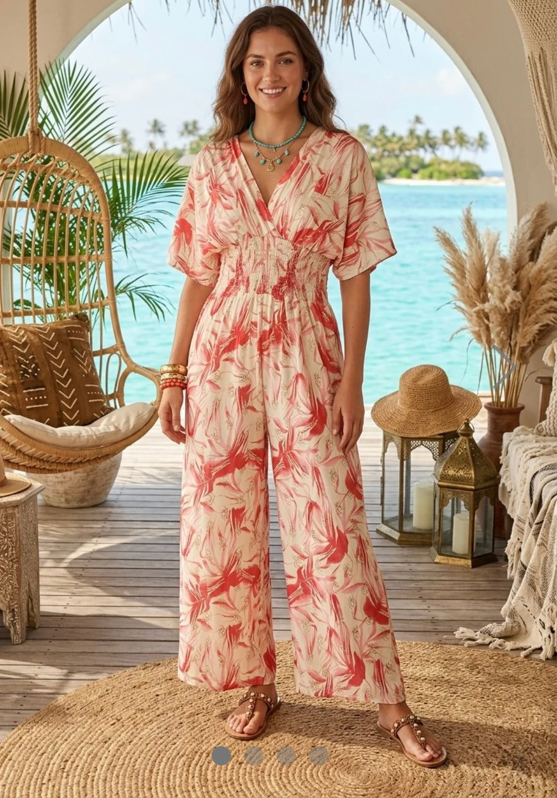 Jenny leaf design V neck jumpsuit with gold foil detail fits 10-18
