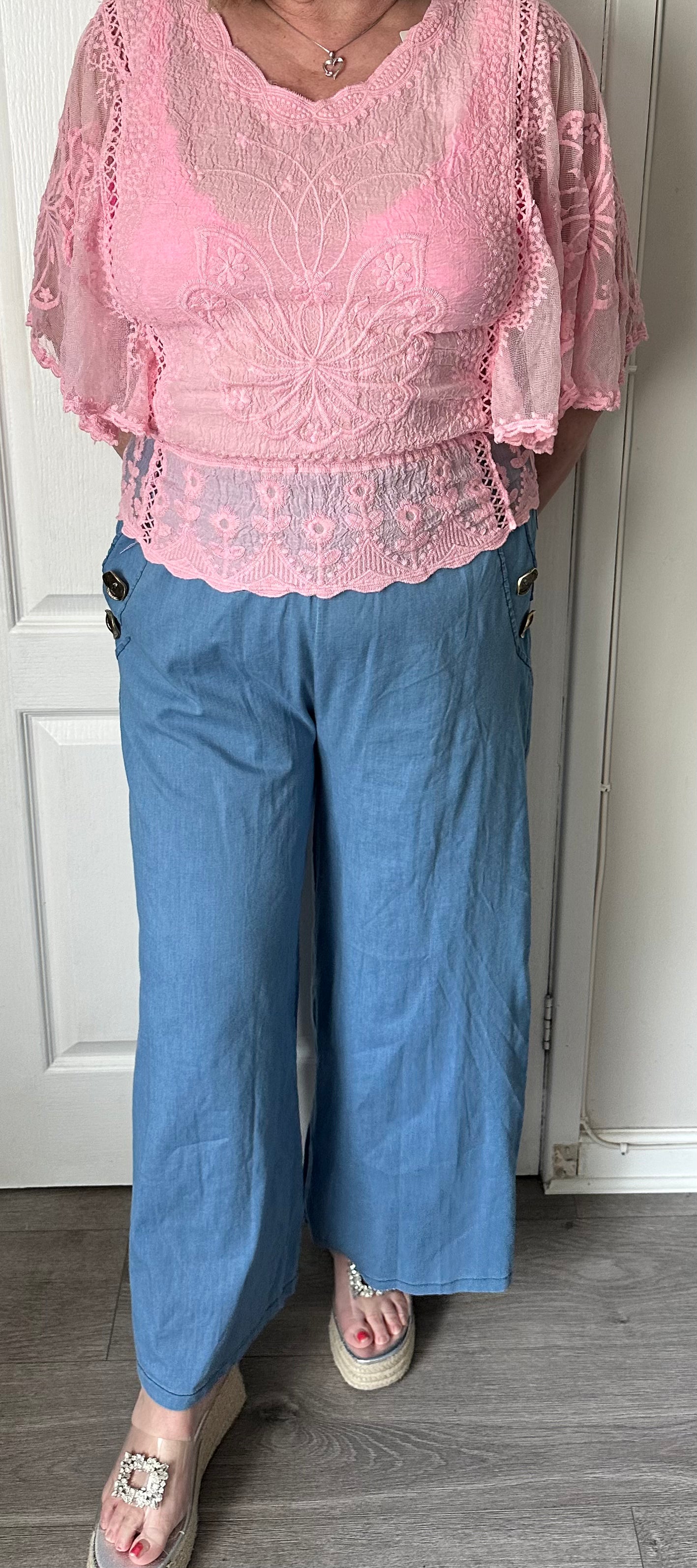 Julie 3 gold button denim wide leg trousers fit 12-18