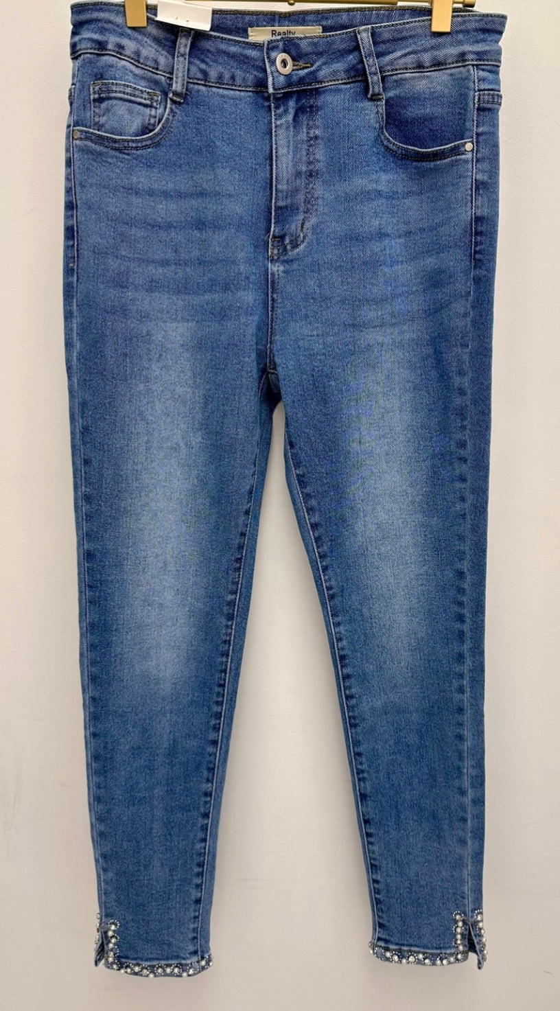 Simone Stunning super stretch high waist ankle grazer jean with pearls and crystals.True to size. 26 inch leg