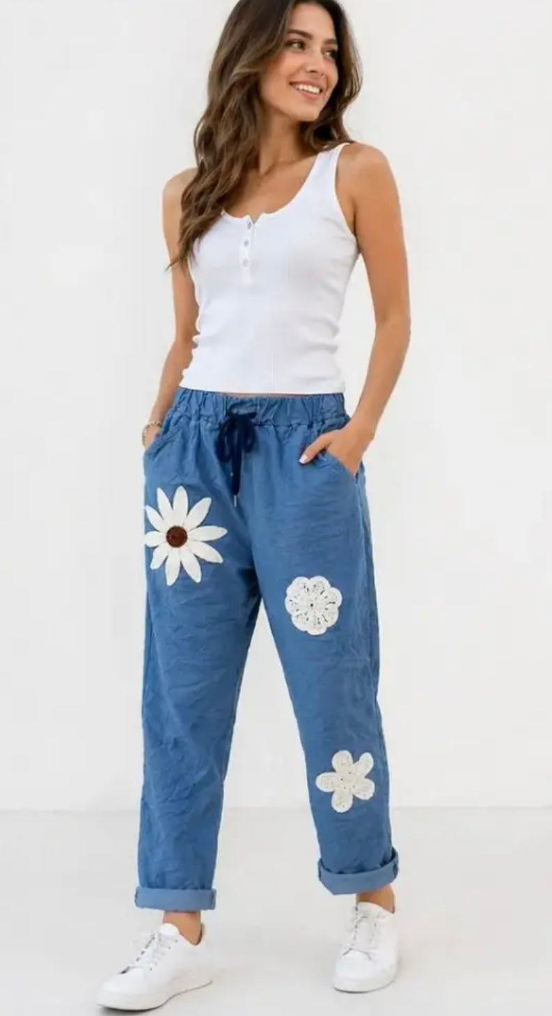 Flora denim style magic trousers with elasticated  waist fit 12-18/20