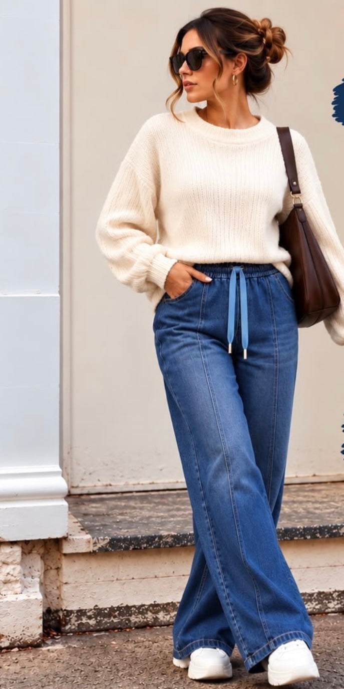 Darcie casual denim trousers with elasticated drawstring waist and pockets
