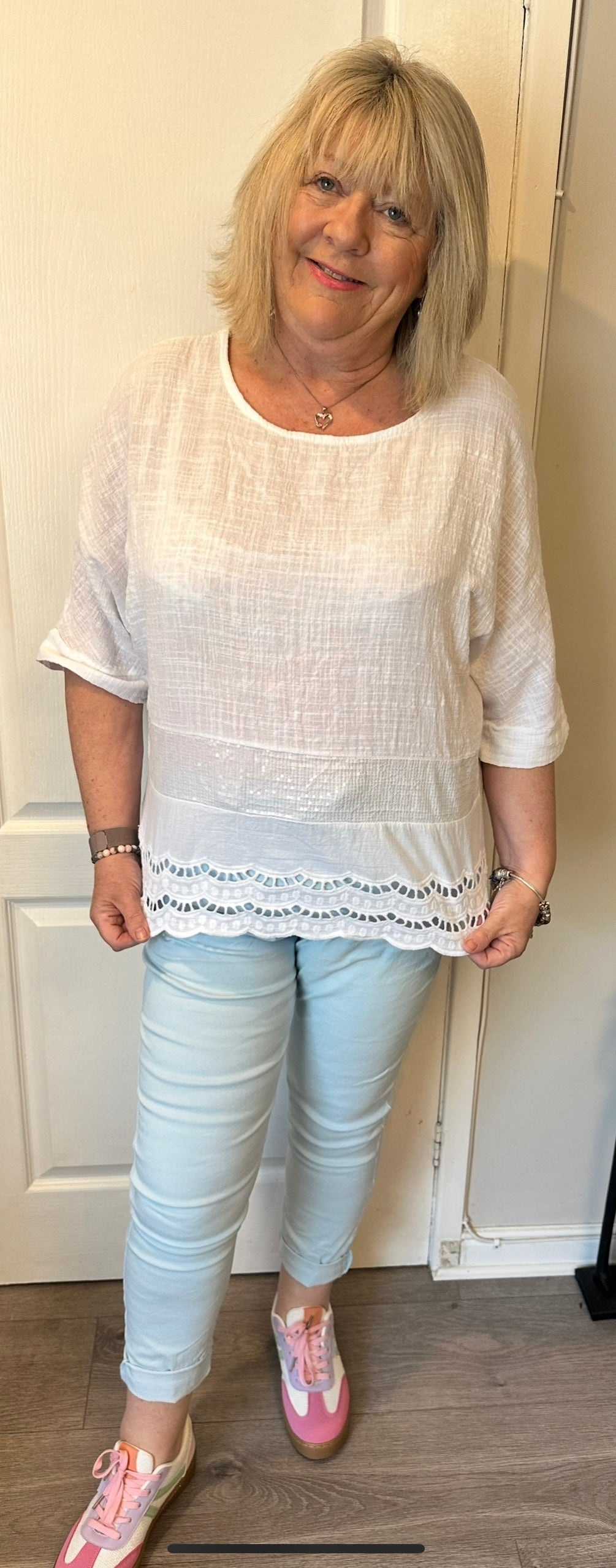 Christine sequin and broderie anglaise trim top fits 10-18