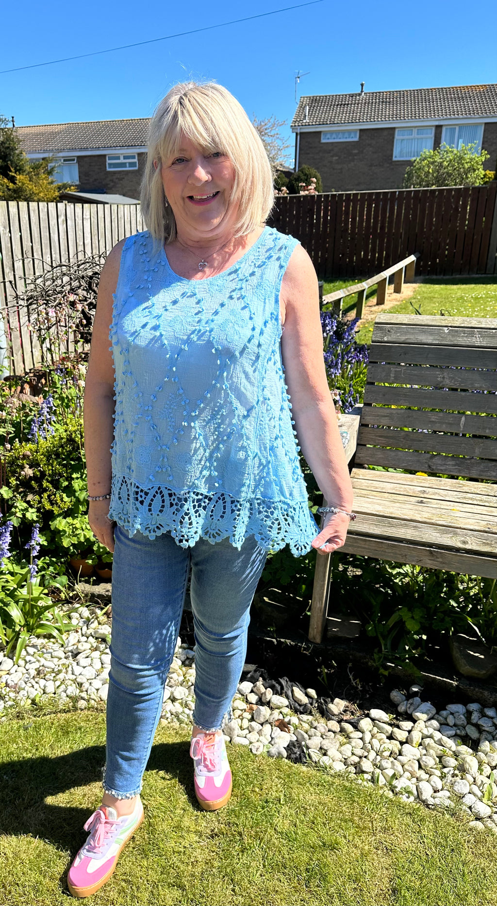 Saffron Embroidered Appliqué Pom Pom Top with Crochet Hem