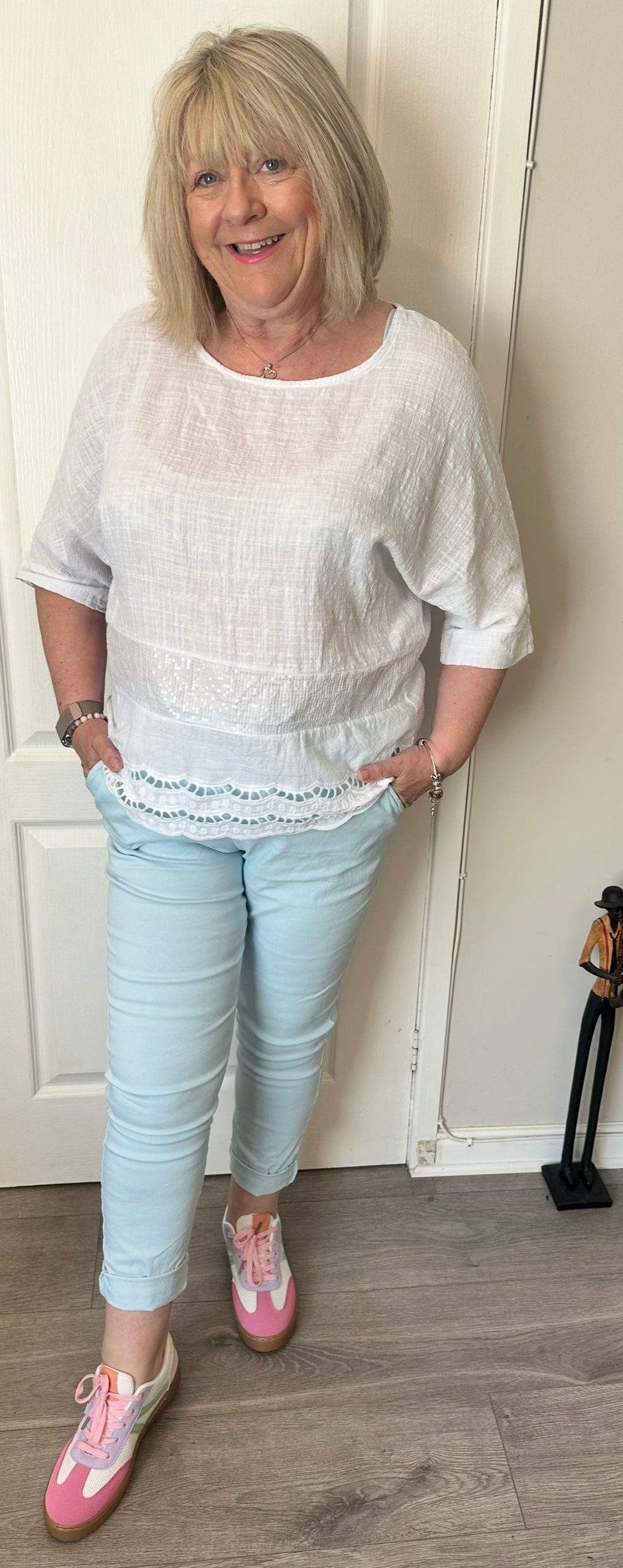 Christine sequin and broderie anglaise trim top fits 10-18