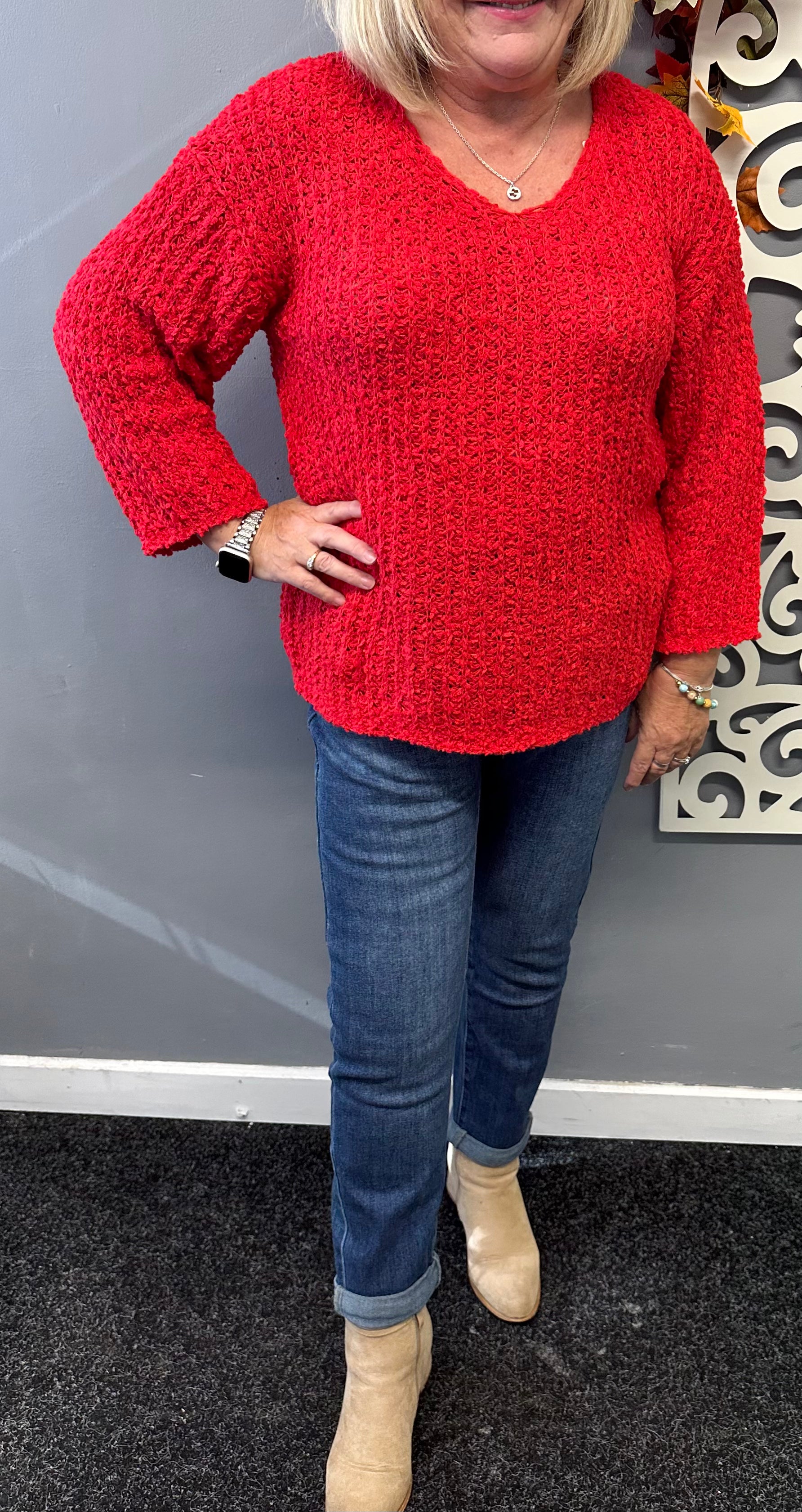 Lindsay 
Gorgeous soft
textured knit
Flattering V-neck relaxed fit fits 10-18