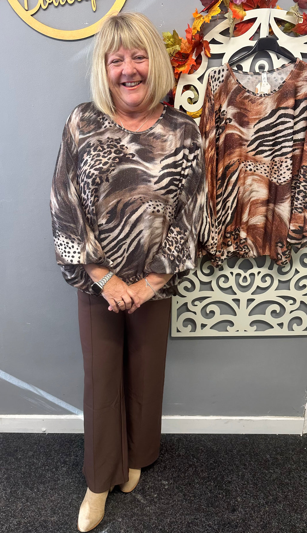 Stacey foil detail animal print top with elasticated waist