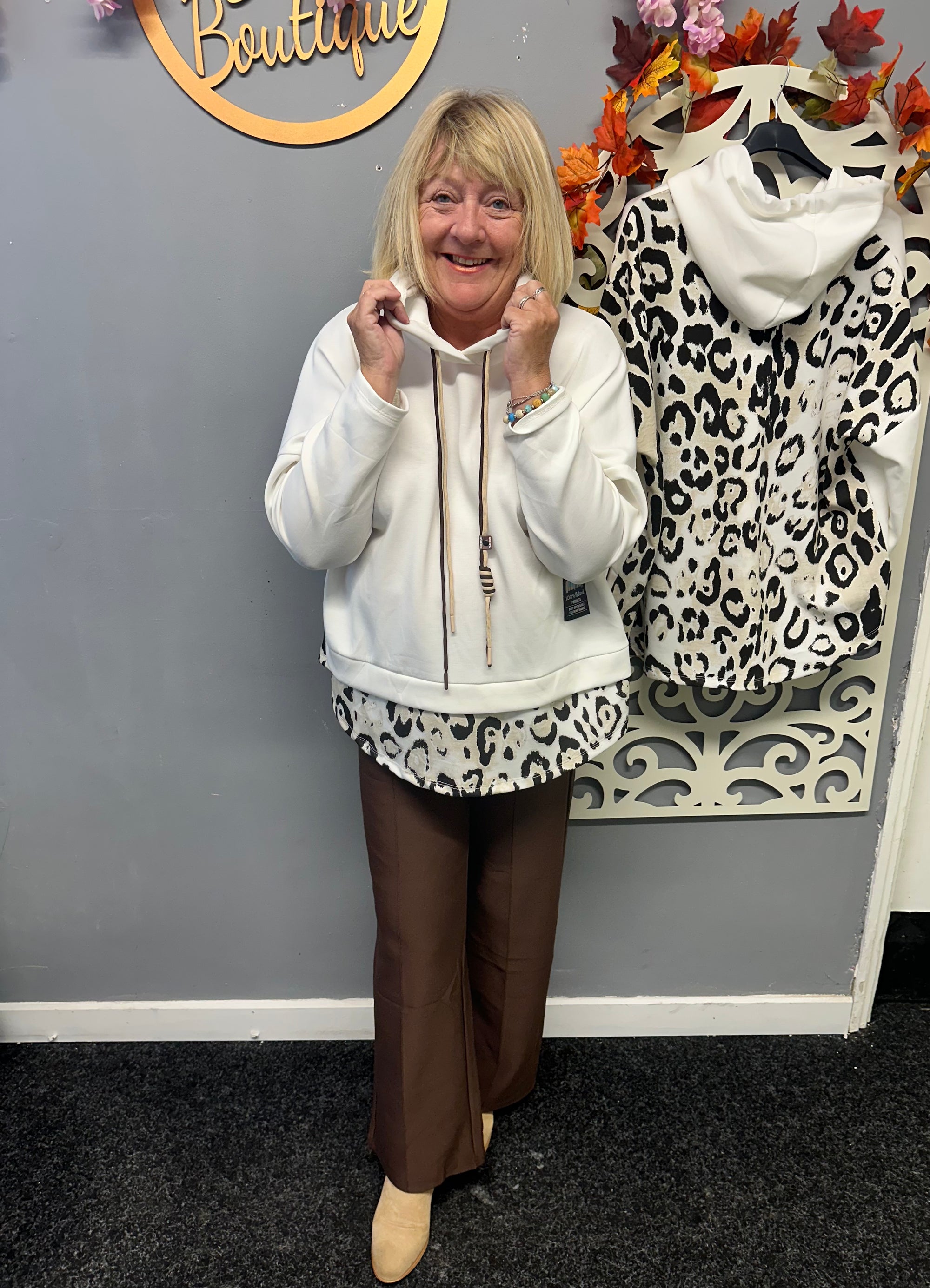 Leona Wild Leopard Hoodie. Relaxed oversized fit with a flattering layered look