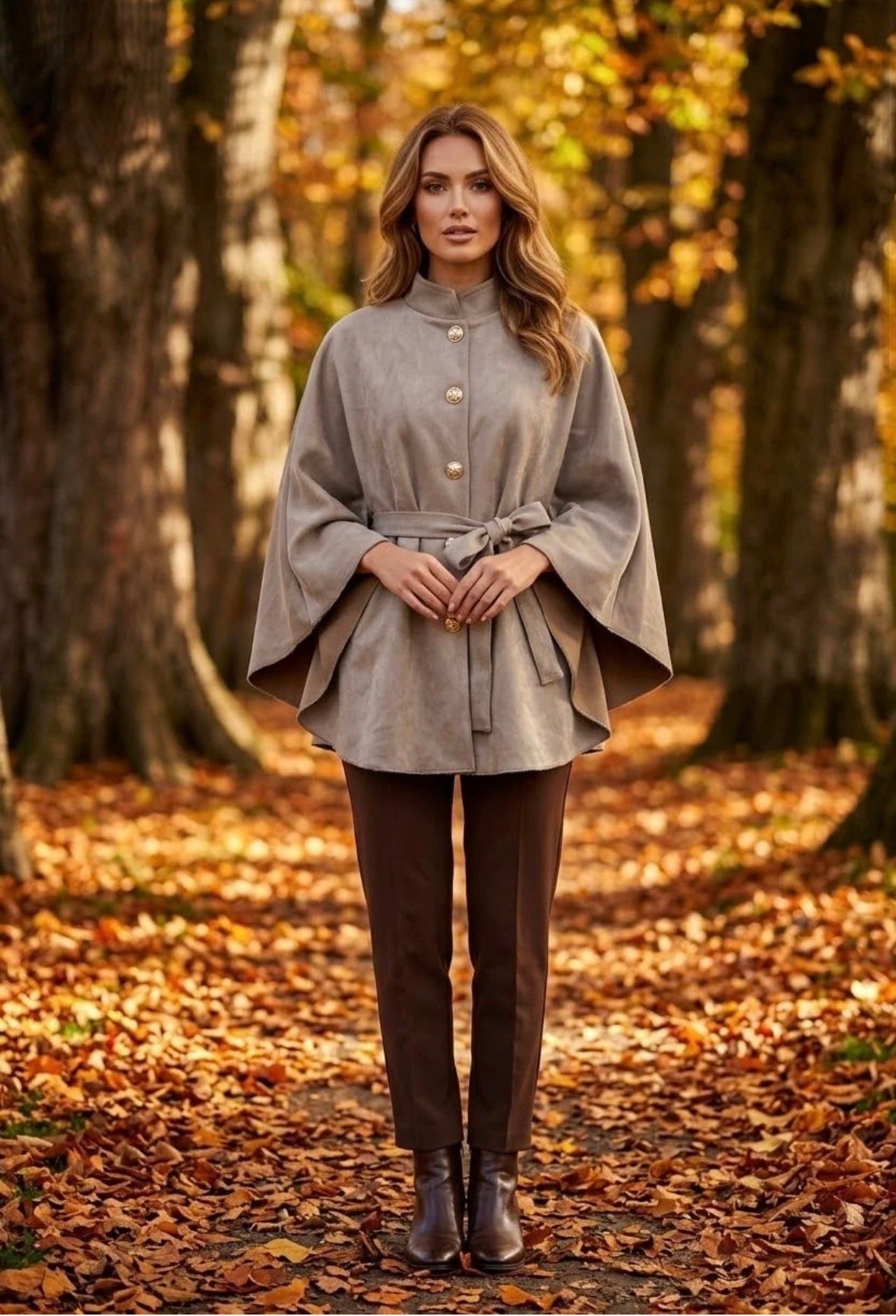 Maria Stunning soft suedette cape with military buttons. 
One size fits 10-22
