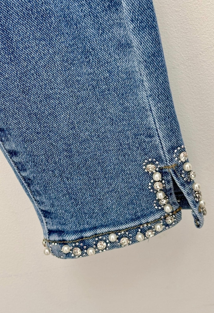 Simone Stunning super stretch high waist ankle grazer jean with pearls and crystals.True to size. 26 inch leg