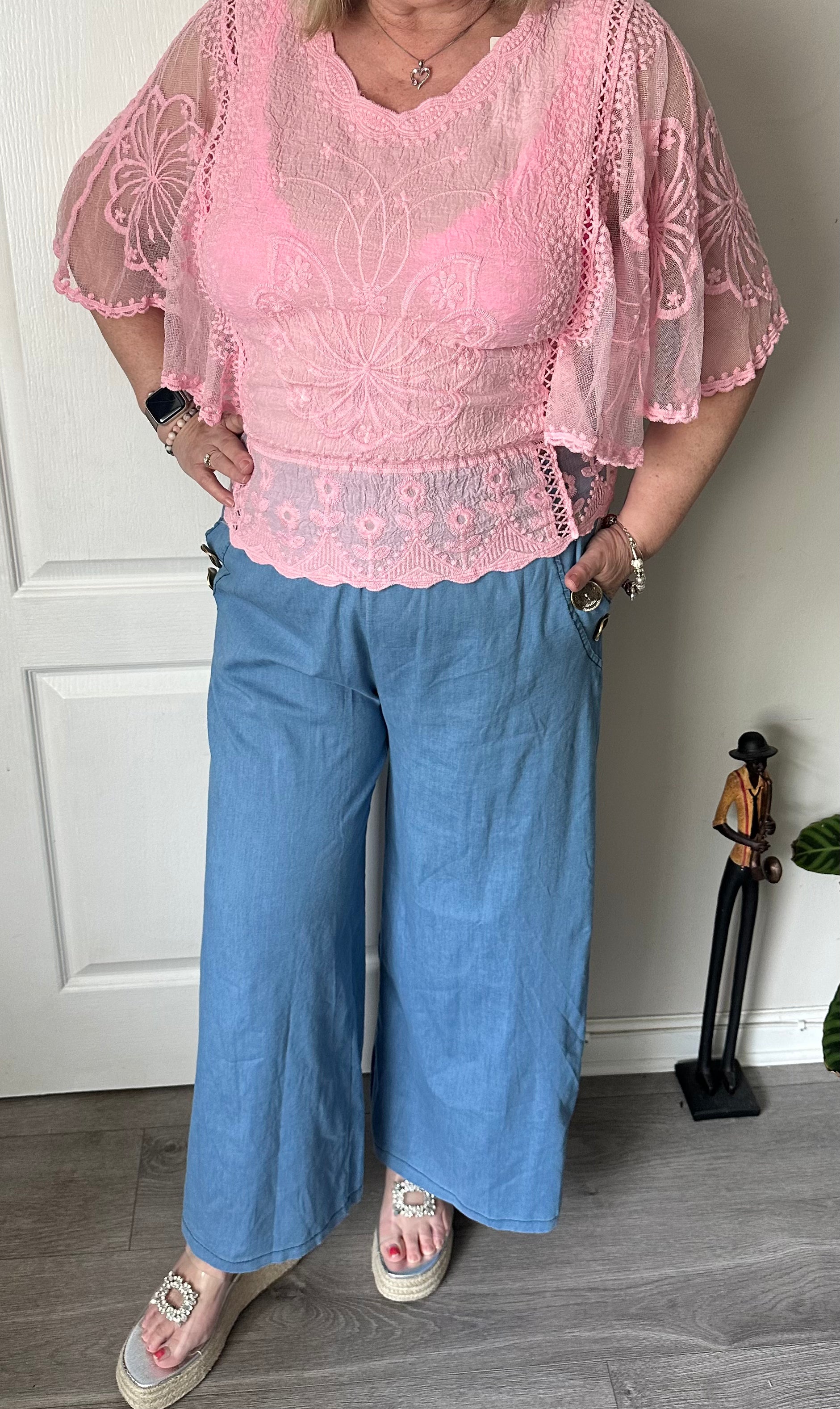 Julie 3 gold button denim wide leg trousers fit 12-18