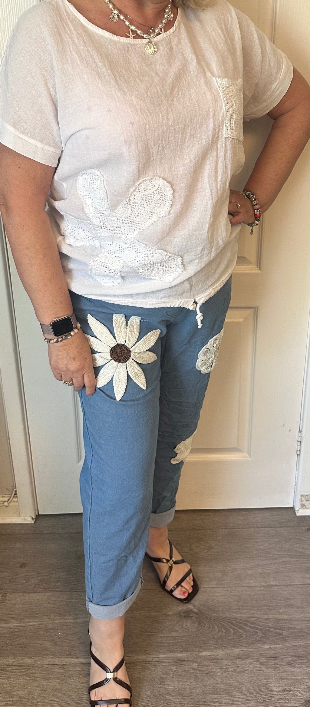 Flora denim style magic trousers with elasticated  waist fit 12-18/20