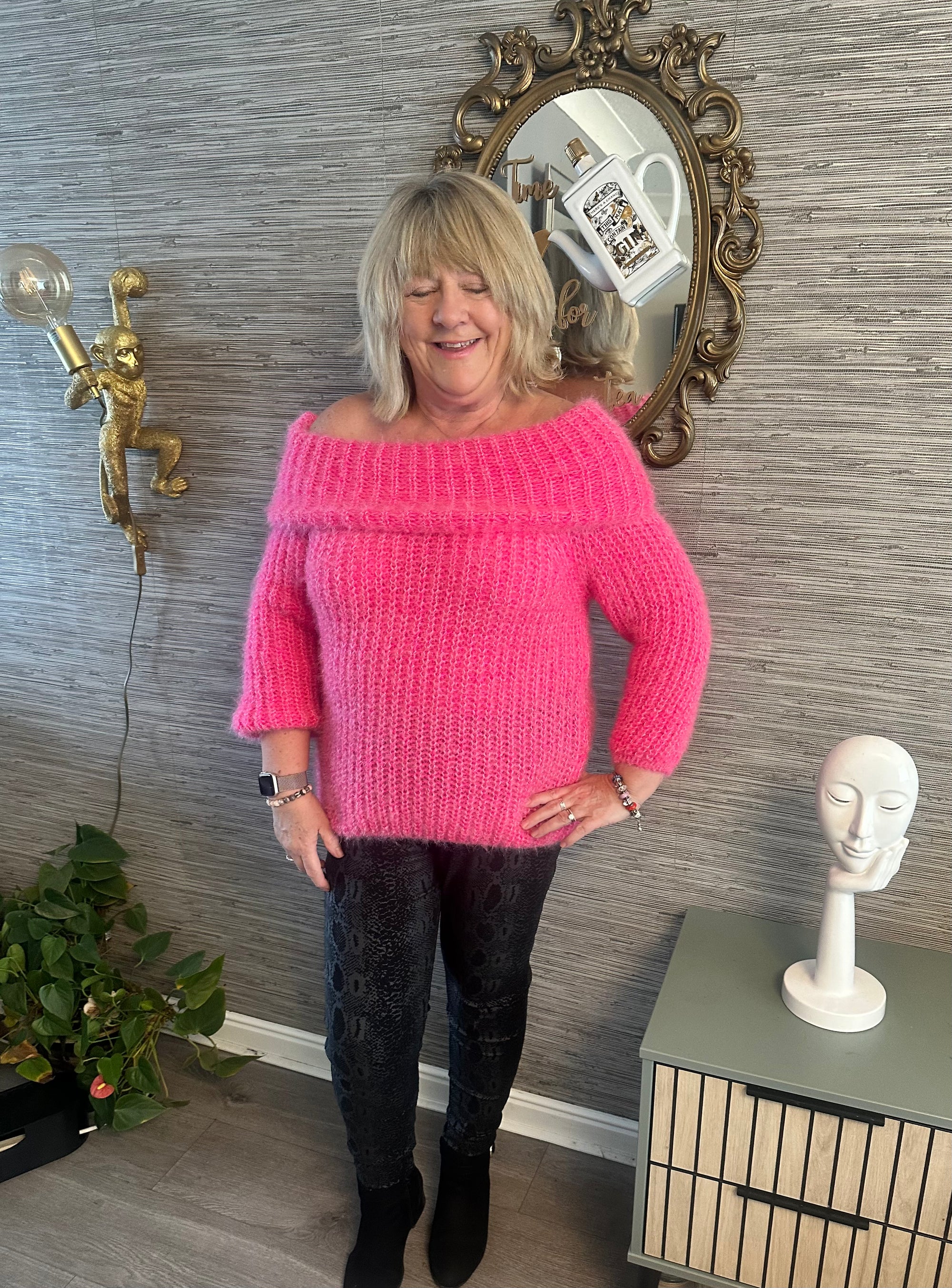 Linda fluffy  bardot style jumper fits 10-16