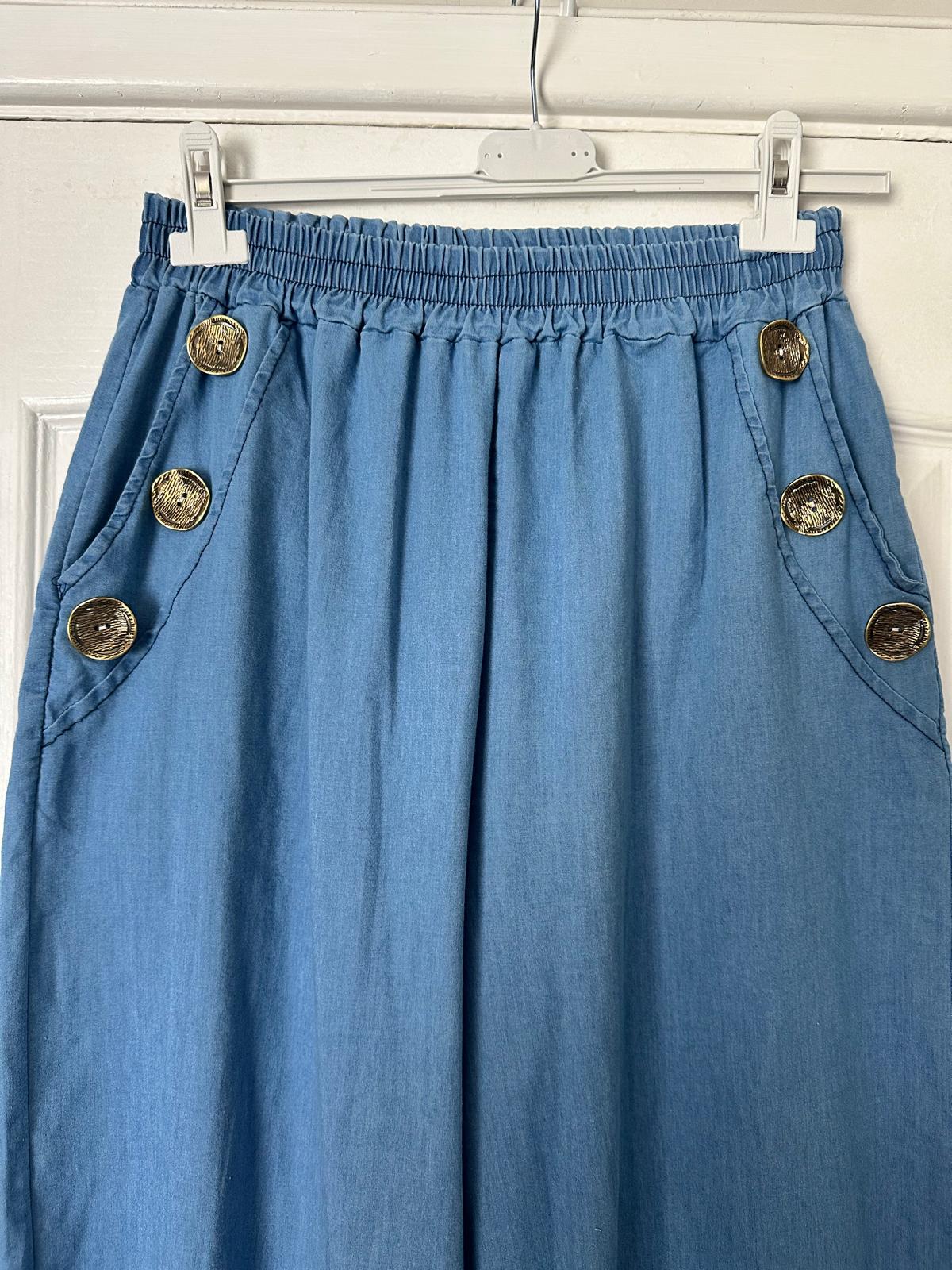 Julie 3 gold button denim wide leg trousers fit 12-18