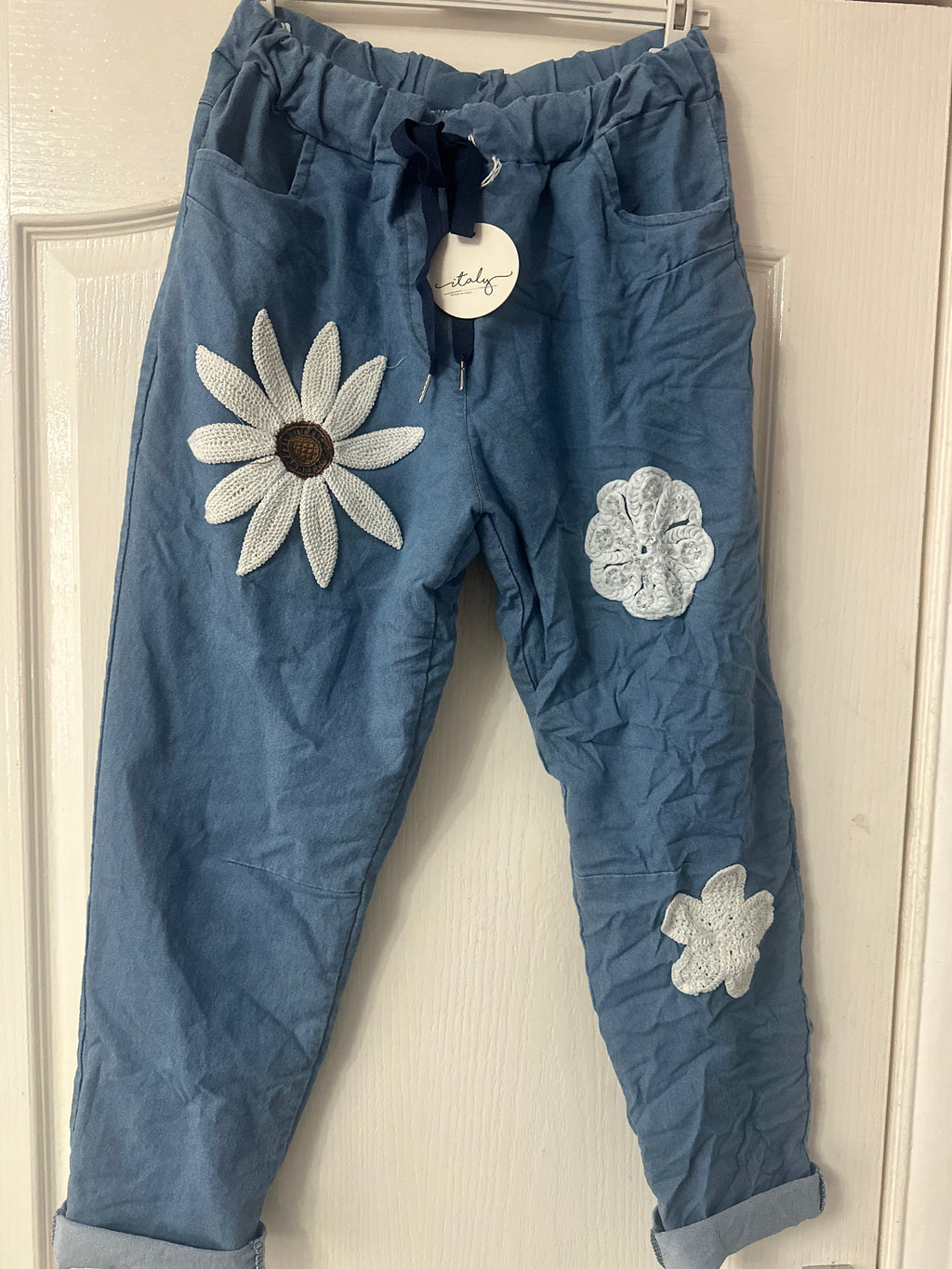 Flora denim style magic trousers with elasticated  waist fit 12-18/20