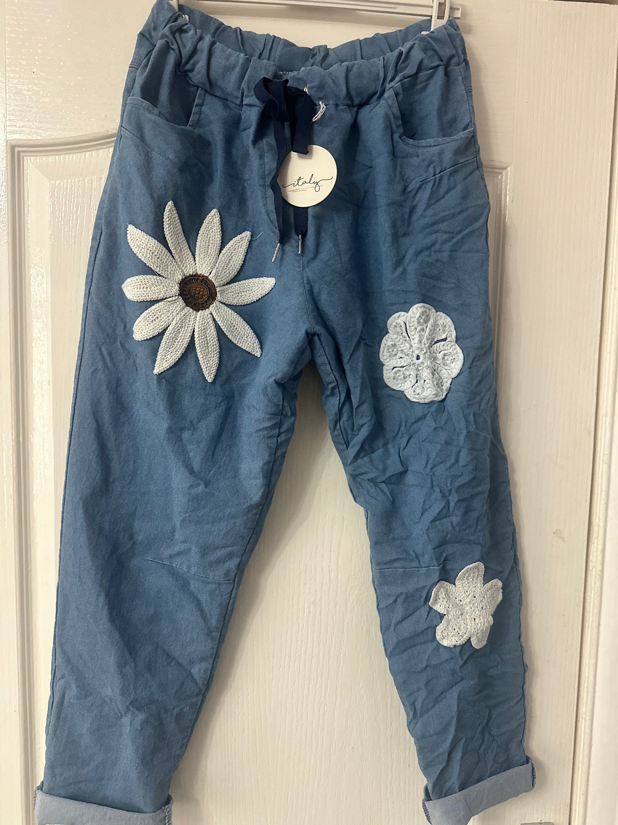 Flora denim style magic trousers with elasticated  waist fit 12-18/20