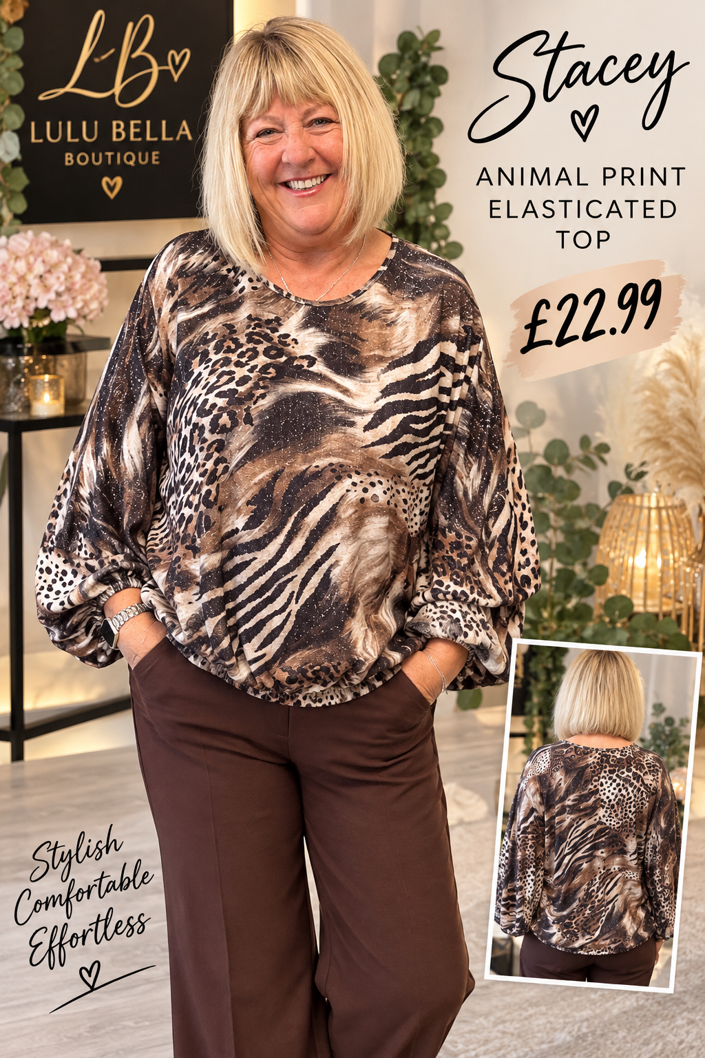 Stacey foil detail animal print top with elasticated waist