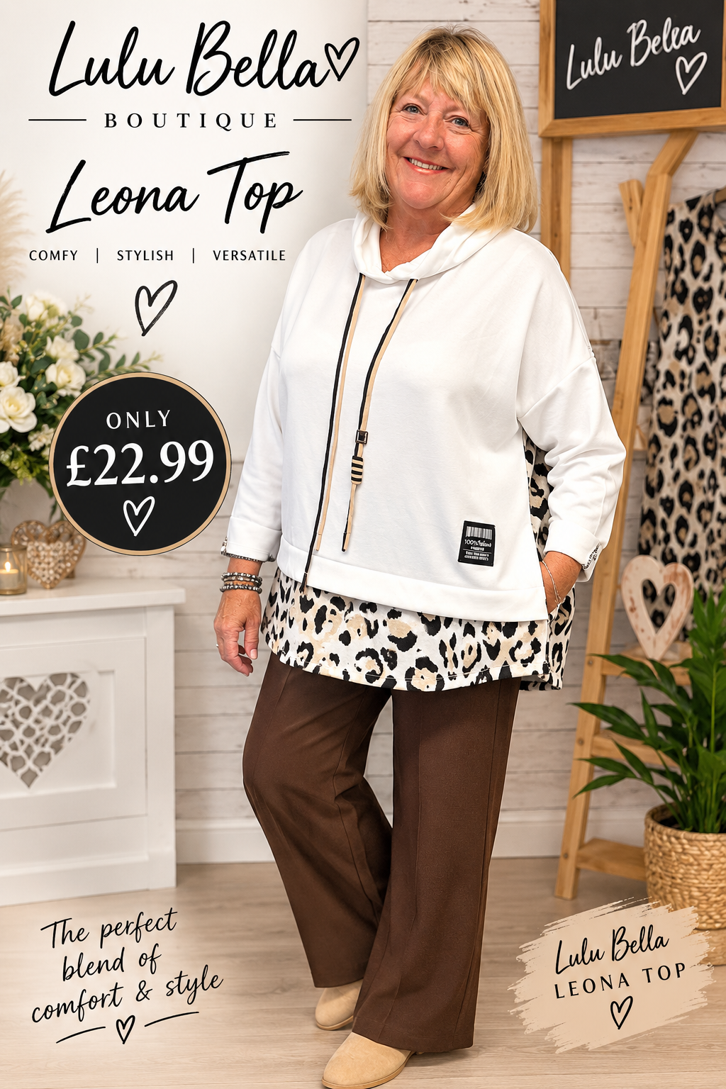 Leona Wild Leopard Hoodie. Relaxed oversized fit with a flattering layered look