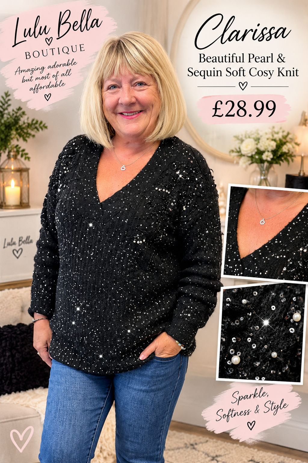 Clarissa Beautiful Pearl & Sequin Soft Cosy Knit