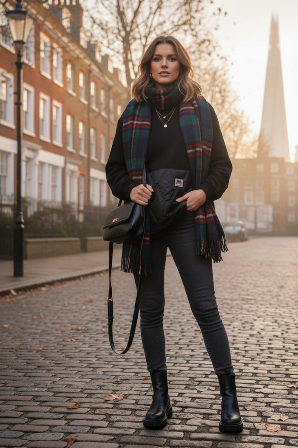 Woman in black outfit with plaid scarf walking on a street