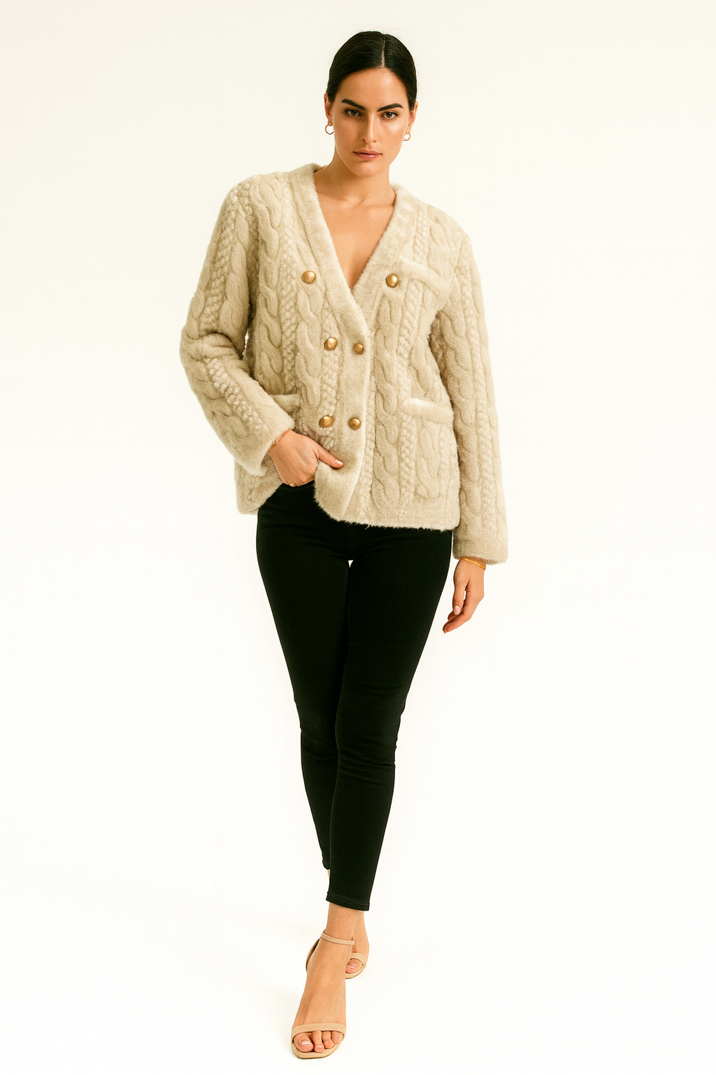 Tammy Textured Faux Fur Button-Front Cardigan