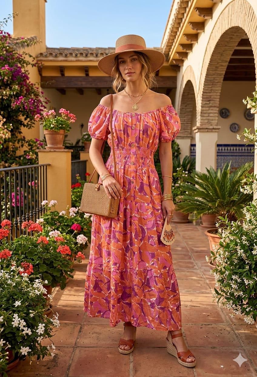 Loretta Pritned Button Detail Bardot Maxi Dress