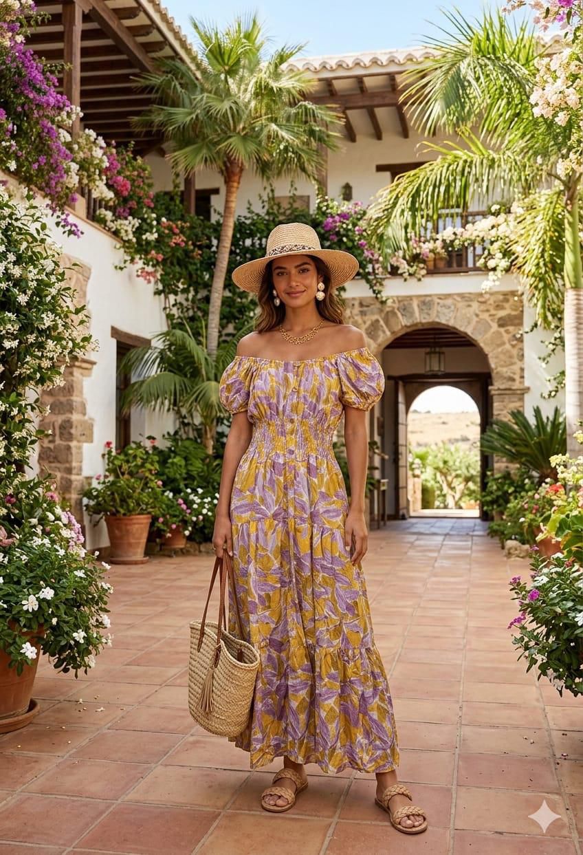 Loretta Pritned Button Detail Bardot Maxi Dress