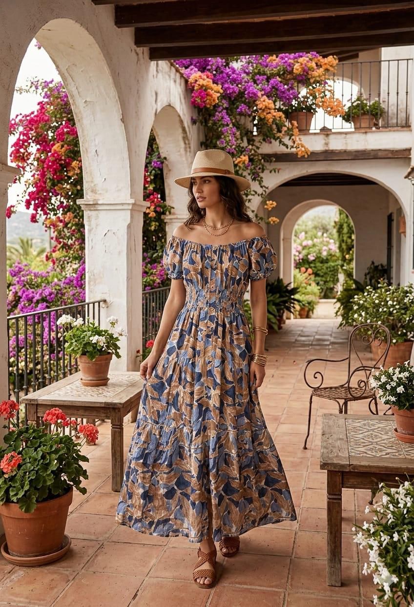 Loretta Pritned Button Detail Bardot Maxi Dress