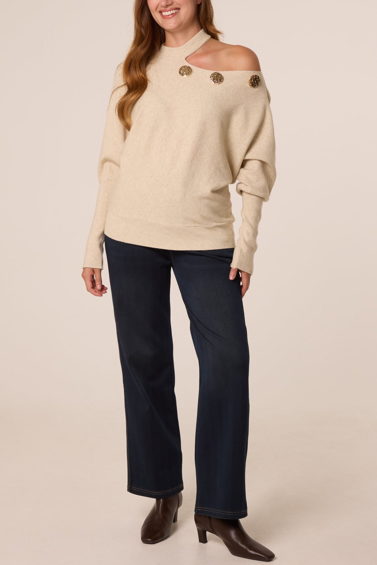 Alyssia Italian Asymmetric Shoulder Gold Detail Top