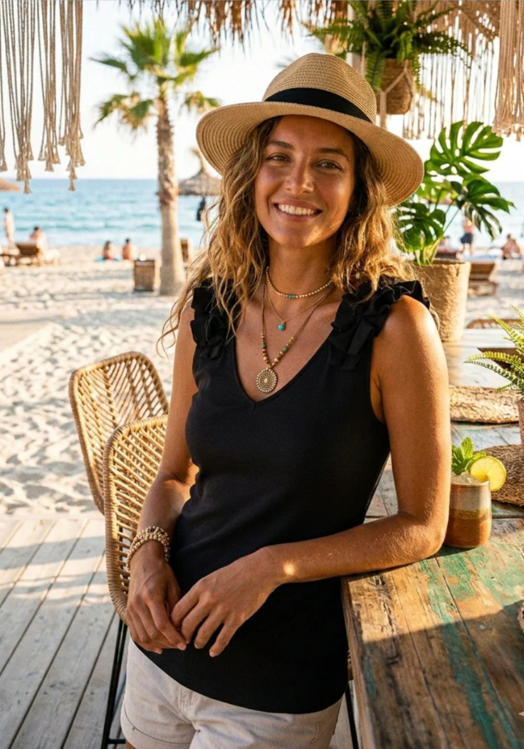 Rhian Italian Ruffle Neck V-Neck Vest