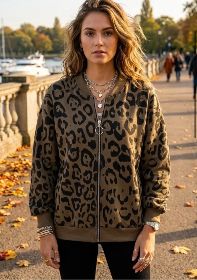 Riley Italian Leopard Zip Up bomber Jacket