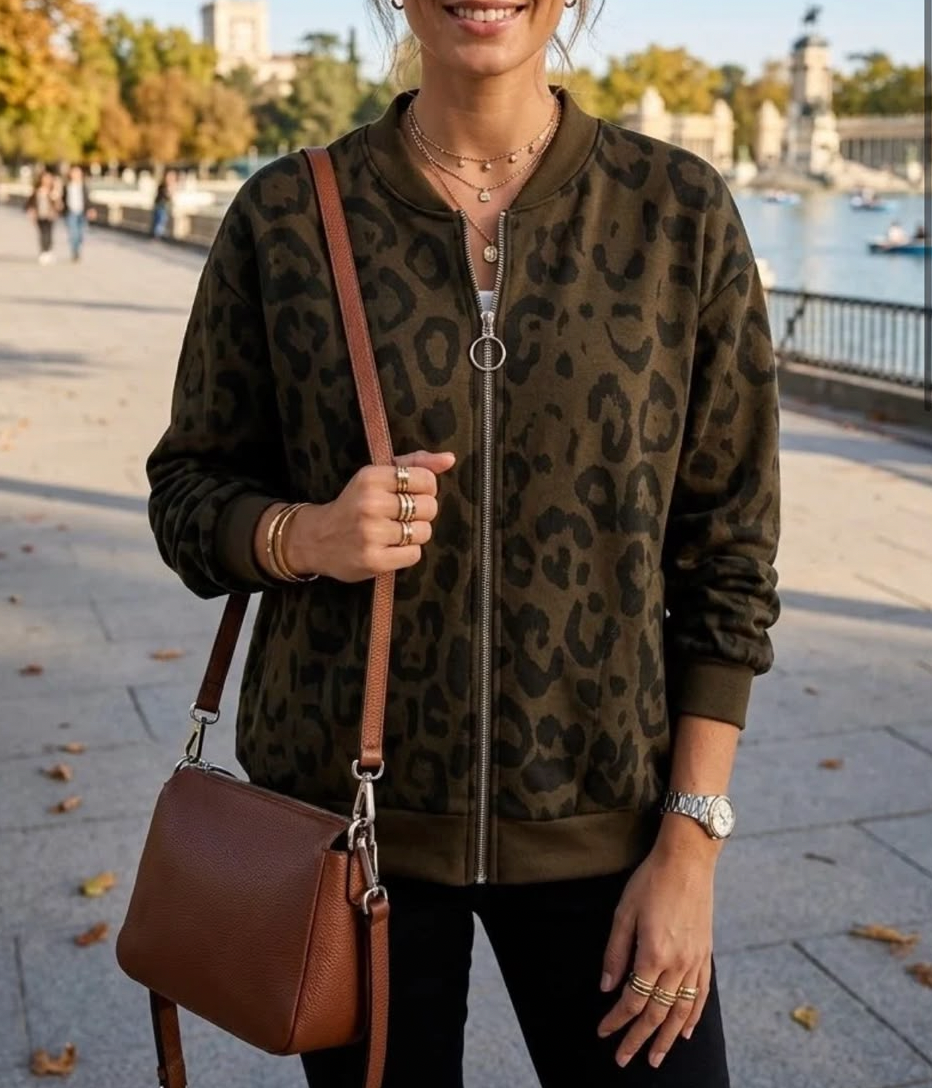 Riley Italian Leopard Zip Up bomber Jacket