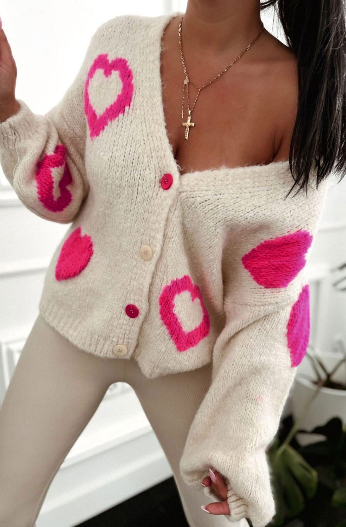 Rebecca Contrast Heart Patterned Knitted Cardigan