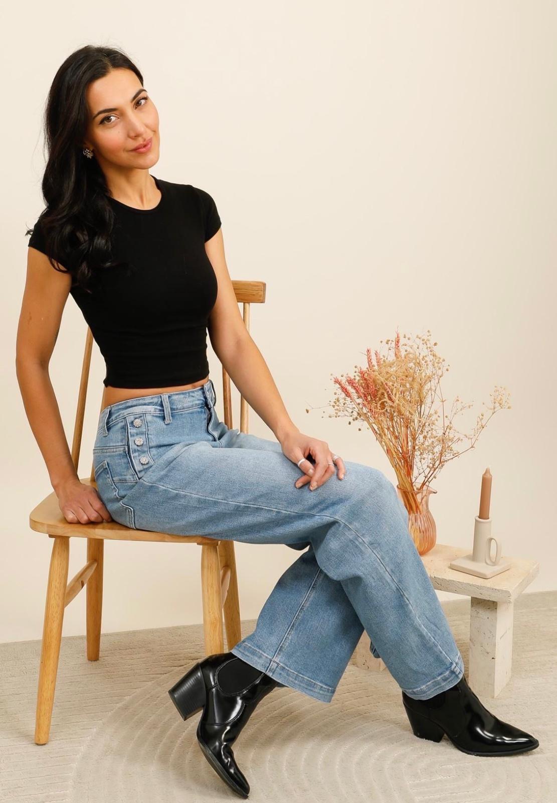 Ella High Waisted Flared Jeans with Crystal Buttons