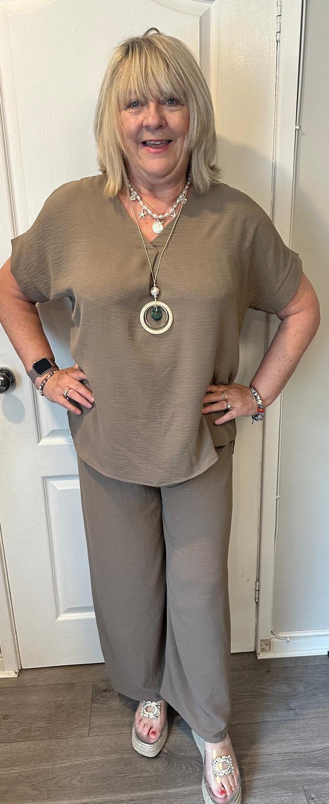 Janelle Italian 2 Piece V-Neck Suit with Necklace