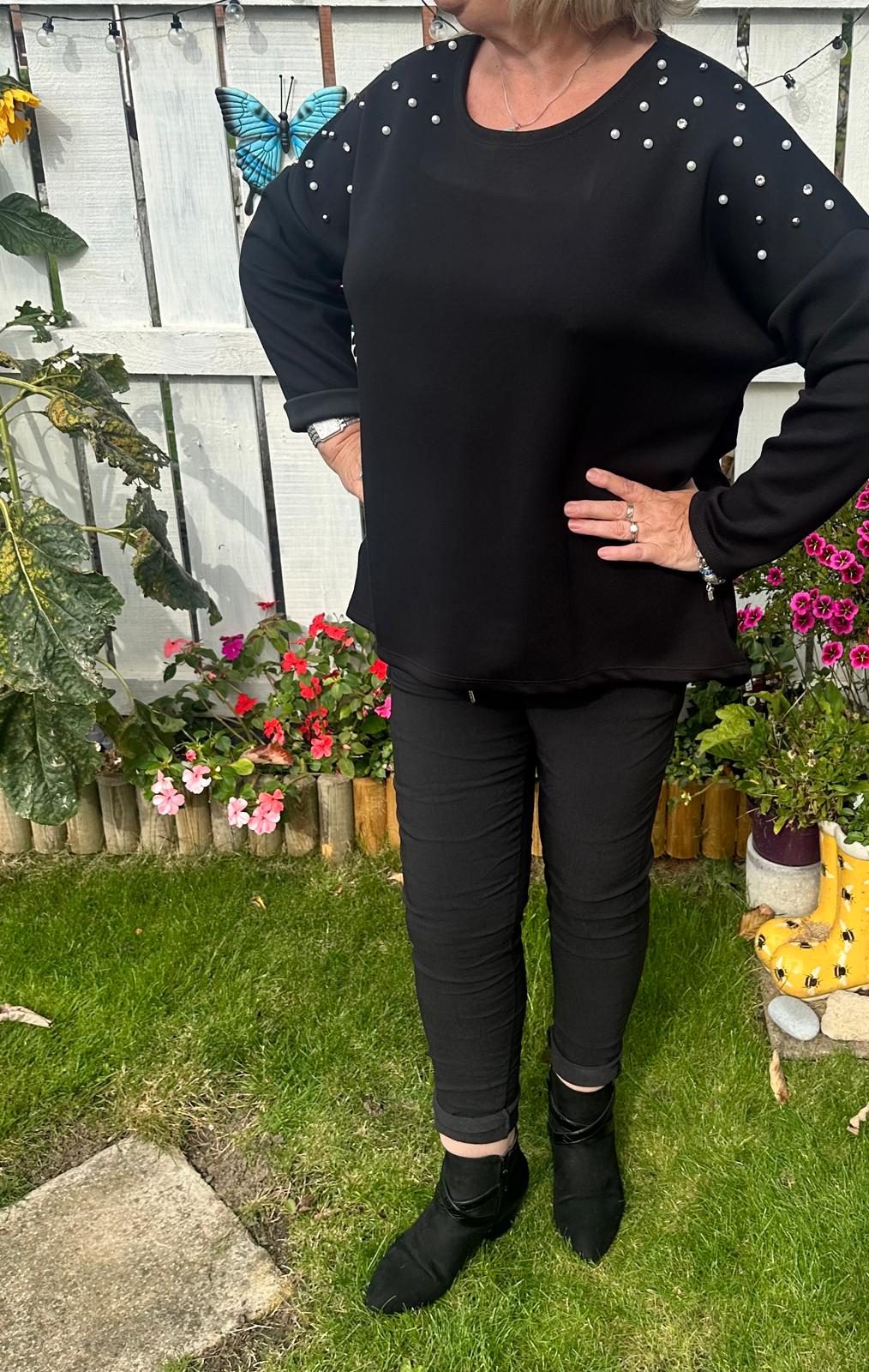 Marie Italian V-Neck Pearl Shoulder Sweatshirt