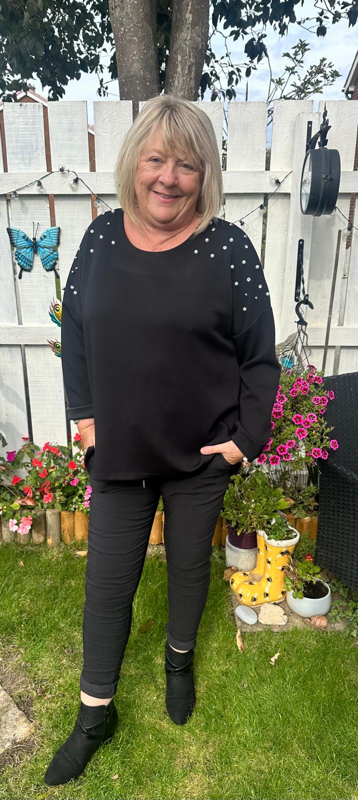 Marie Italian V-Neck Pearl Shoulder Sweatshirt