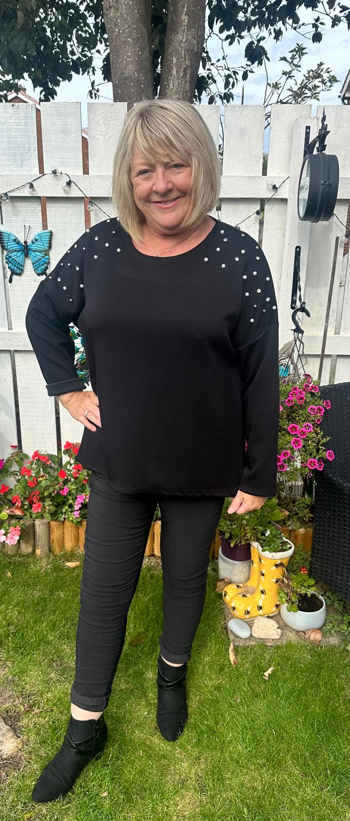 Marie Italian V-Neck Pearl Shoulder Sweatshirt