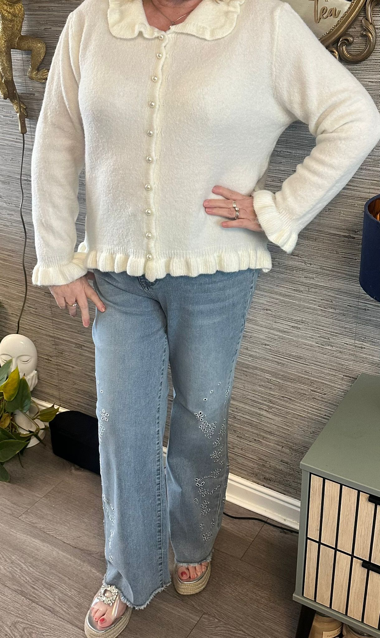 Jade Pearl Button Front Ruffle Jumper