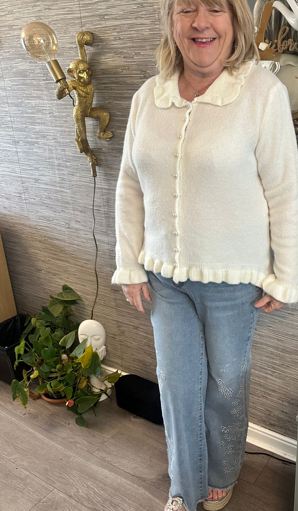 Jade Pearl Button Front Ruffle Jumper