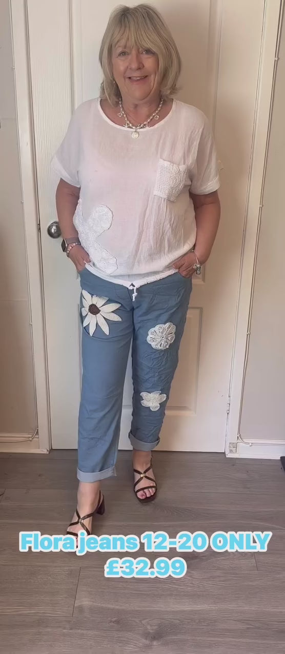 Flora denim style magic trousers with elasticated  waist fit 12-18/20